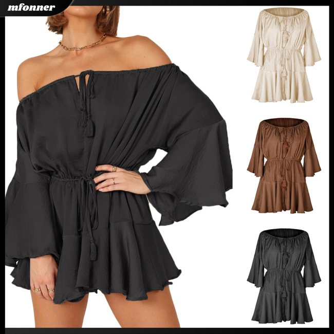 Bộ Áo Liền Quần Trễ Vai Eo Cao Tay Loe Phối Dây Rút Thời Trang Mùa Hè Cho Nữ