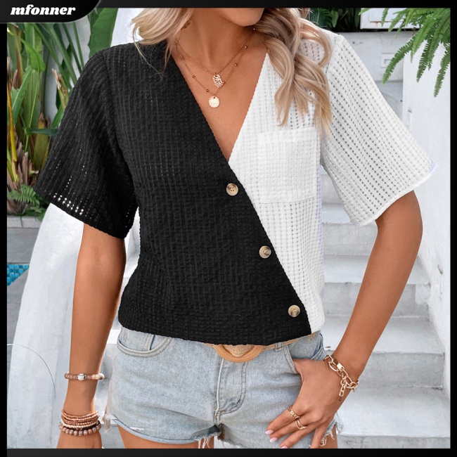 Áo Dệt Kim Tay Ngắn Cổ Chữ V Màu Sắc Tương Phản Thời Trang Cho Nữ