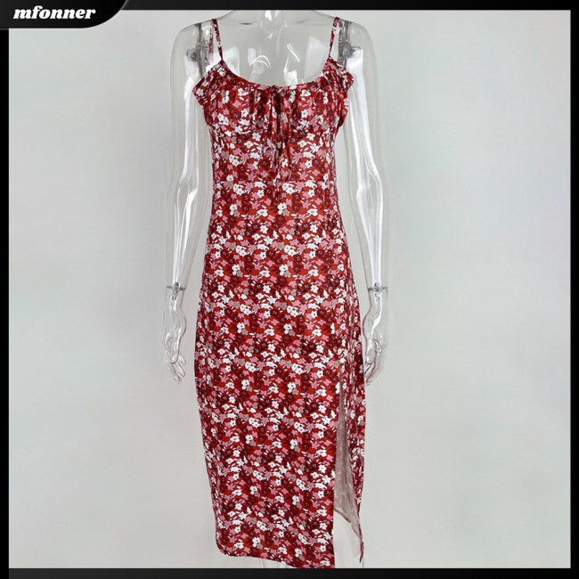 Đầm Midi Hai Dây Cổ Chữ V Xẻ Tà In Họa Tiết Hoa Dáng Ôm Thời Trang Mùa Hè Quyến Rũ Cho Nữ