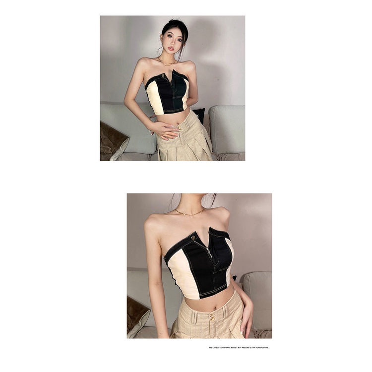 Sisjune Hot Girl Niche Slimmer Áo Ống Ngắn Có Khóa Kéo Thiết Kế Không Đều Thời Trang Đường Phố Chiên SJ2O