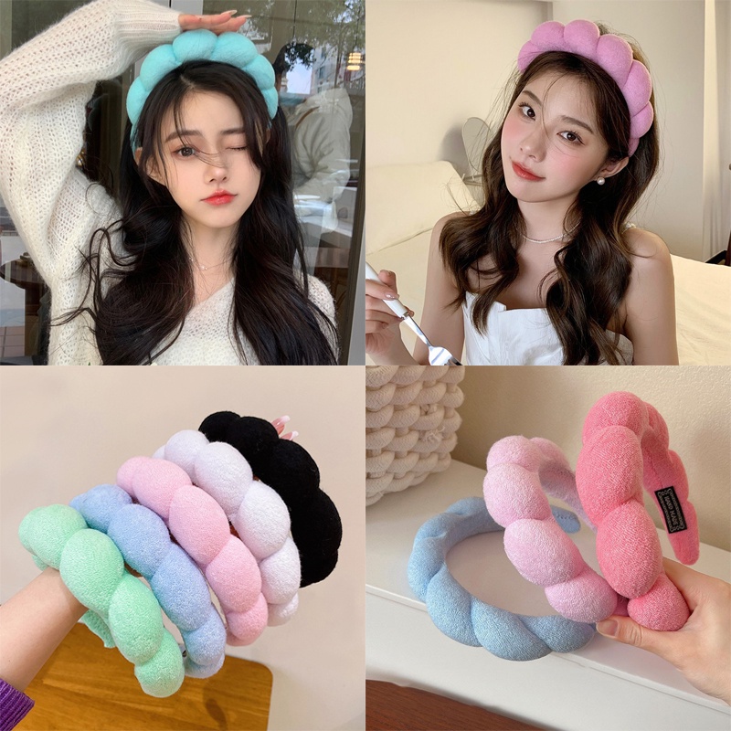 Băng đô rửa mặt CHLINS mút xốp xoắn màu trơn xinh xắn