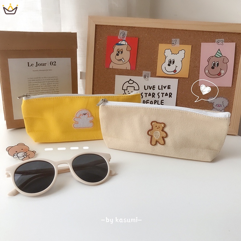 Túi Đựng Bút Bằng Vải canvas Thêu Hình Gấu Cún Dễ Thương Dành Cho Nữ