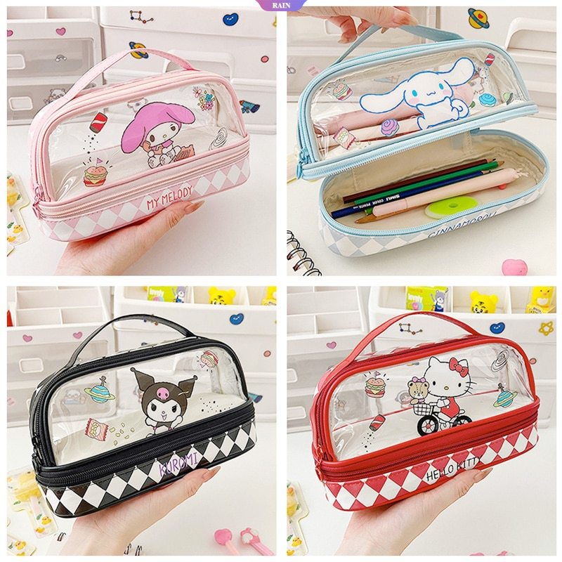 Hộp Bút Trong Suốt Hai Ngăn Cỡ Lớn In Hình Nhân Vật Anime Sanrio My Melody Kuromi Cinnamoroll Hello Kitty