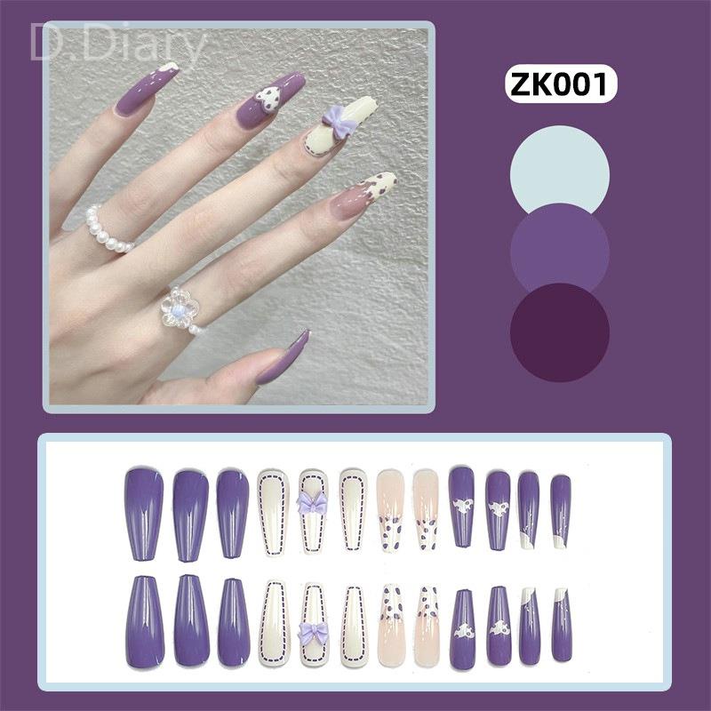 Set 24 Móng Tay Giả Màu Tím Dáng Dài Có Thể Tái Sử Dụng Che Phủ Toàn Diện