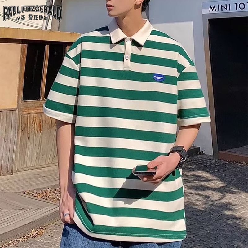 Áo polo PAUL FITZGERALD ngắn tay họa tiết sọc ngang phong cách Hàn Quốc dành cho nam