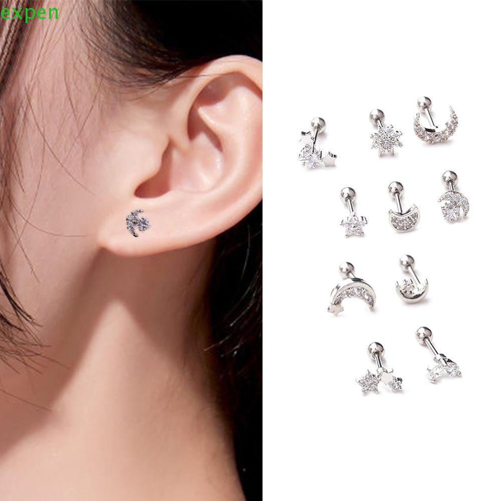 EXPEN Bông Tai Xỏ Lỗ Hình Bán Nguyệt Đính Hoa Phong Cách Cổ Điển Thời Trang Cho Nữ