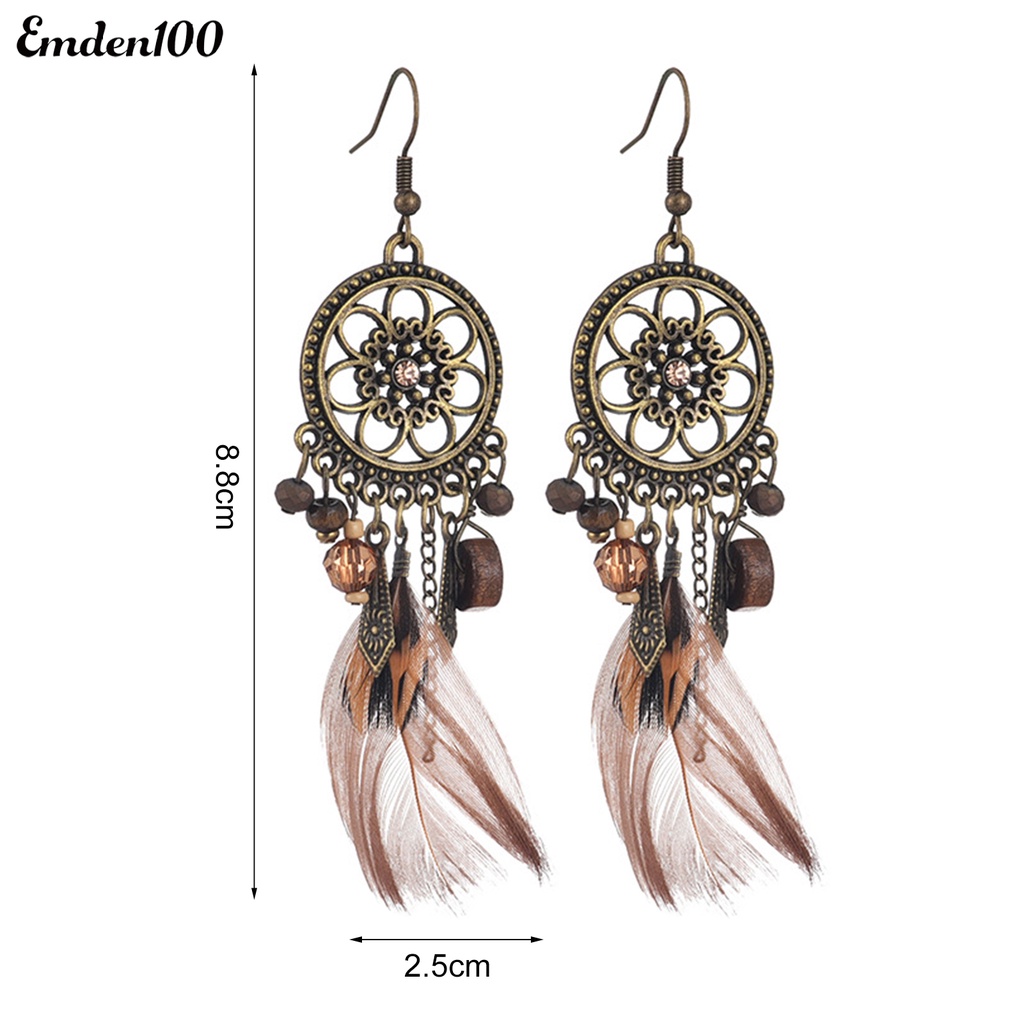 1 Đôi Bông Tai Hình Tròn Đính Hạt Phối Lông Vũ Thời Trang Cho Nữ