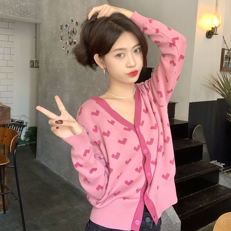 First Love Áo Khoác Cardigan Dệt Kim Màu Hồng Ngọt Ngào Phong Cách Pháp Cho Nữ Thirteen Line