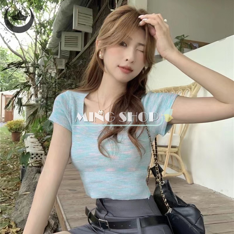 Áo Croptop Dệt Kim Ngắn Tay Cổ Vuông Màu Gradient Thời Trang Mùa Hè Vintage Cho Nữ