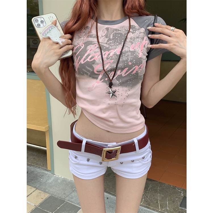 Áo Thun Tay Ngắn Dáng Ôm In Họa Tiết Kim Cương Tương Phản Kiểu Hàn Quốc Thời Trang Mùa Hè