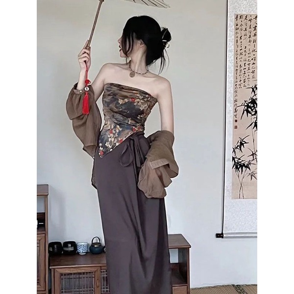 Bộ Áo Khoác Cardigan Dáng Rộng + Áo Ống + Chân Váy Lưng Cao Thời Trang Mùa Hè 2023 Phong Cách Retro Mới