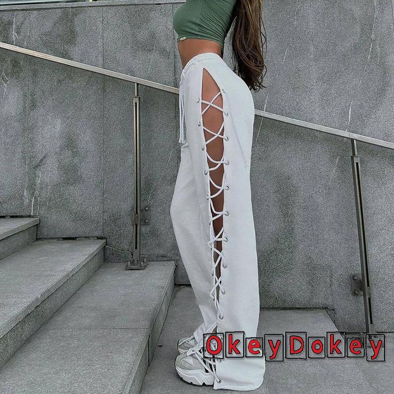 Quần Baggy Ống Rộng Màu Trơn Phối Dây Rút Cá Tính Cho Nữ