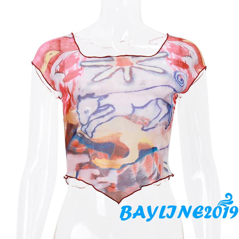 Áo Thun Lửng Tay Lỡ 1 / 4 In Màu Loang Thời Trang Mùa Hè Cho Nữ