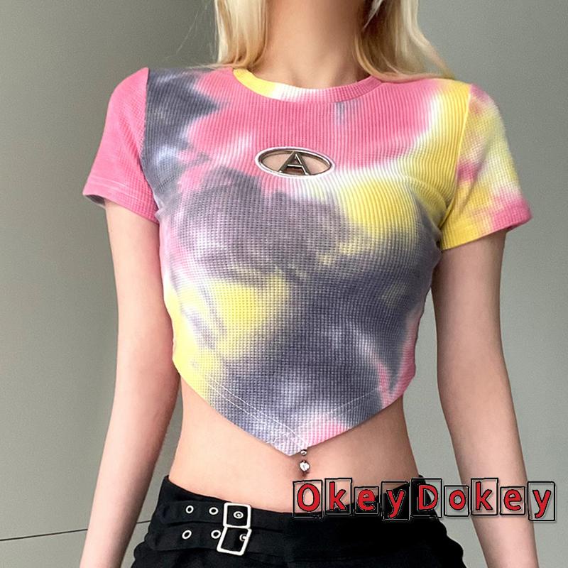 Áo Thun Crop Top Tay Ngắn In Họa Tiết Màu Nhuộm Thời Trang Mùa Hè Cho Nữ