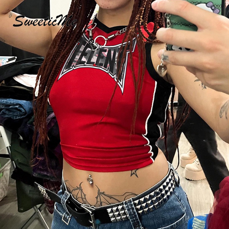 Áo Tank Top Ôm Dáng Màu Tương Phản In Chữ Thời Trang Đường Phố 2023 Cho Nữ