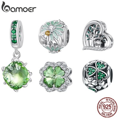 Hạt charm BAMOER bạc 925 hình cỏ bốn lá dùng làm đồ trang sức