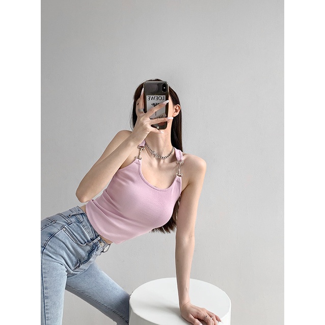 Milyfashion Áo Croptop Sát Nách Ôm Sát Hở Rốn Màu Trơn Có Móc Kim Loại Kiểu Desire Thời Trang Mùa Hè Cho Nữ