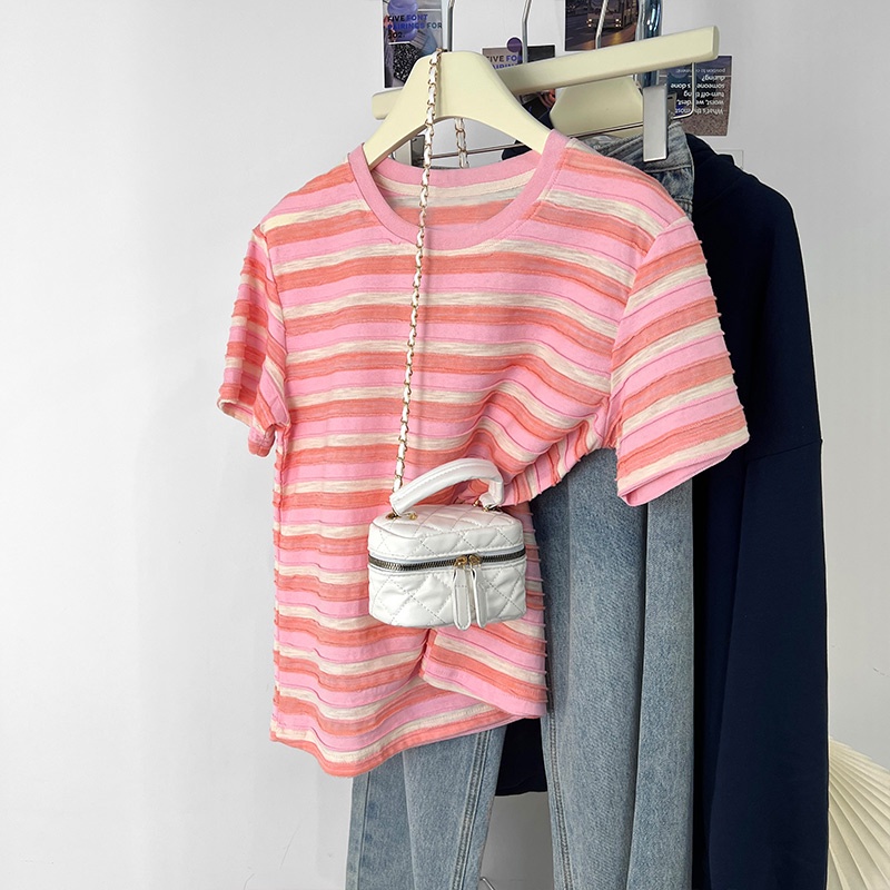 Áo Thun Ngắn Tay Dáng Rộng Họa Tiết Kẻ Sọc Phong Cách Retro Thời Trang Mùa Hè Cho Nữ