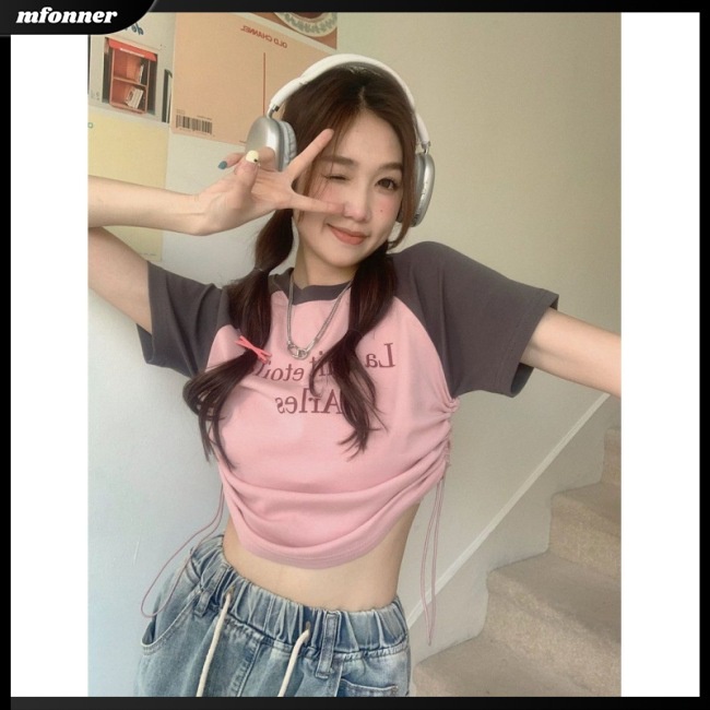 Áo Thun Croptop Tay Ngắn Cổ Tròn Màu Sắc Tương Phản Phong Cách Retro Dành Cho Nữ