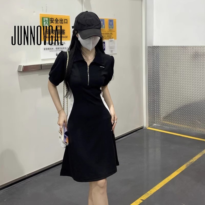 Đầm nữ JUNNOVGAL màu đen kiểu chữ A dáng rộng phối khóa kéo thoáng khí đa năng thời trang mới 2023