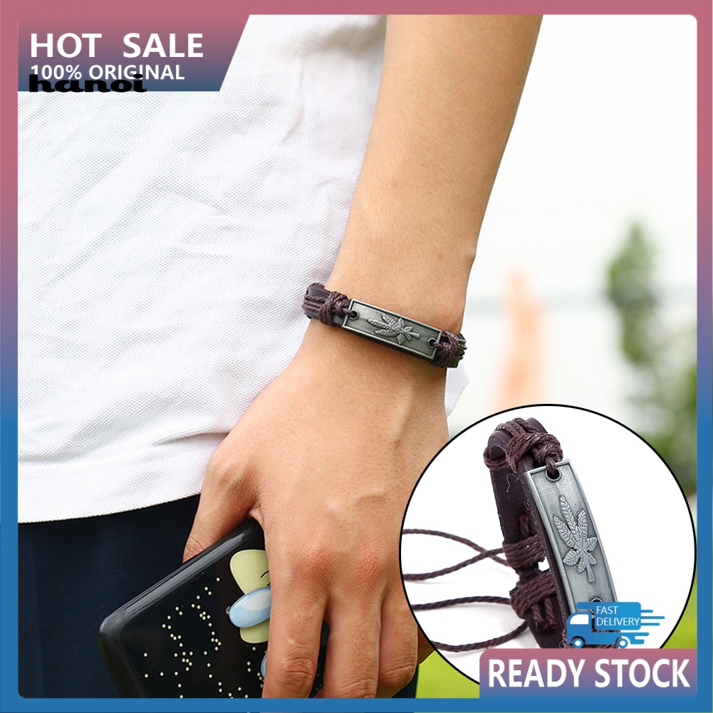 Vòng Tay Giả Da Họa Tiết Lá Phong Vintage Cho Nam