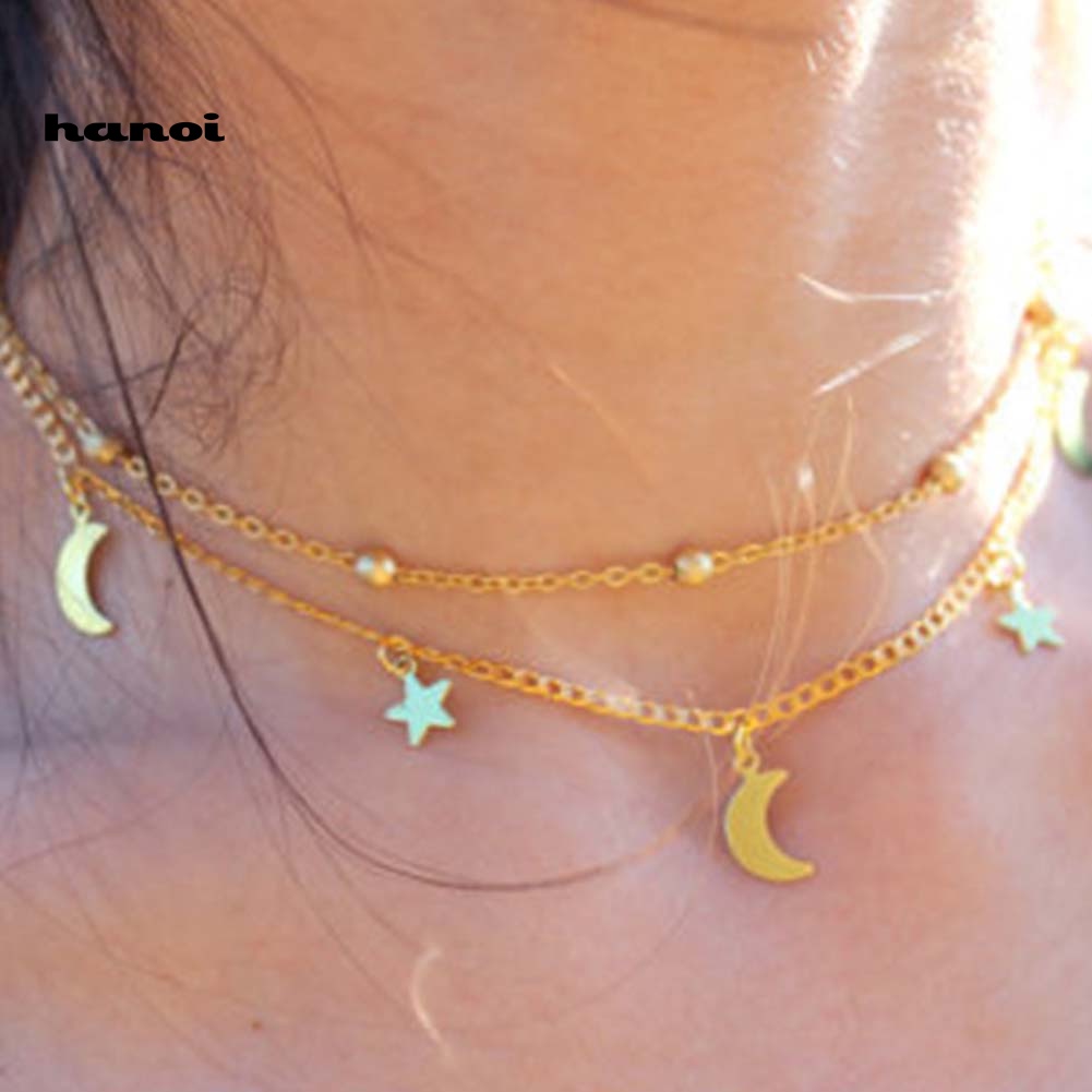 Vòng Cổ Choker Hai Tầng Hình Mặt Trăng Ngôi Sao Thời Trang Dành Cho Nữ
