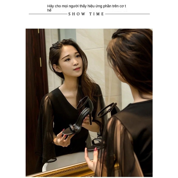 Giày Cao Gót Hở Ngón Màu Đen Thời Trang Mùa Hè Quyến Rũ Cho Nữ
