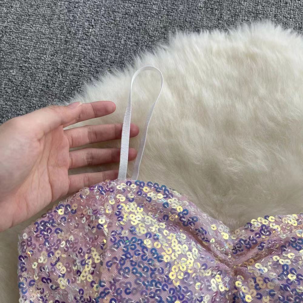 Áo Hai Dây Có Mút Ngực Dáng Dài Đính Kim Sa Lấp Lánh Phong Cách Mới Quyến Rũ Thoáng Khí Dành Cho Nữ