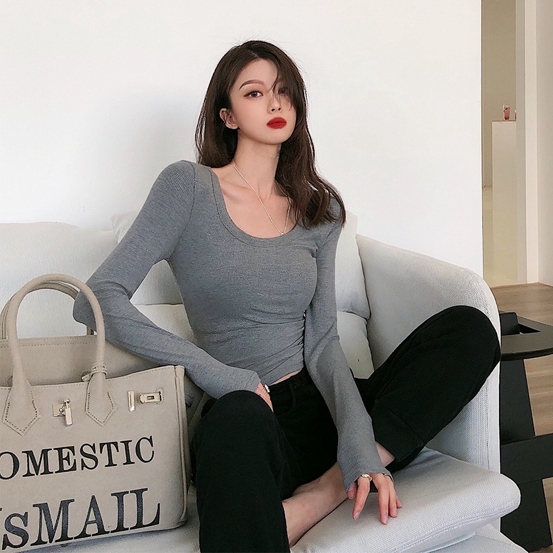 Sexy skinny long-sleeved t-shirt u-neck thoải mái hàng đầu của phụ nữ mùa thu hzfwc8151
