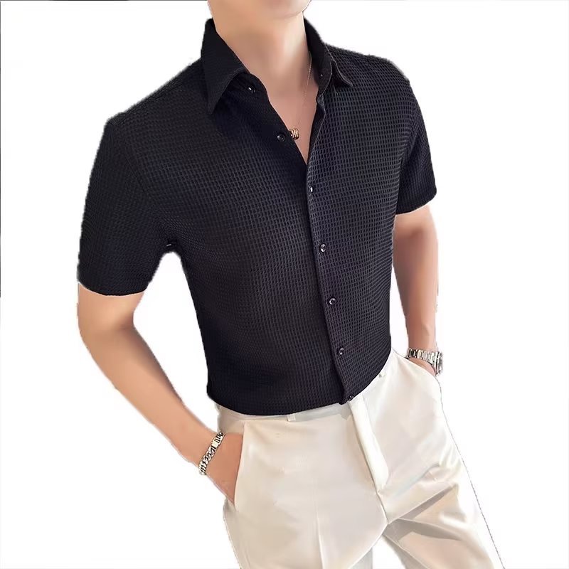 Áo sơ mi nam BEFOYI dệt kim cổ polo tay ngắn dáng rộng cài nút thời trang dạo phố thường ngày màu đen