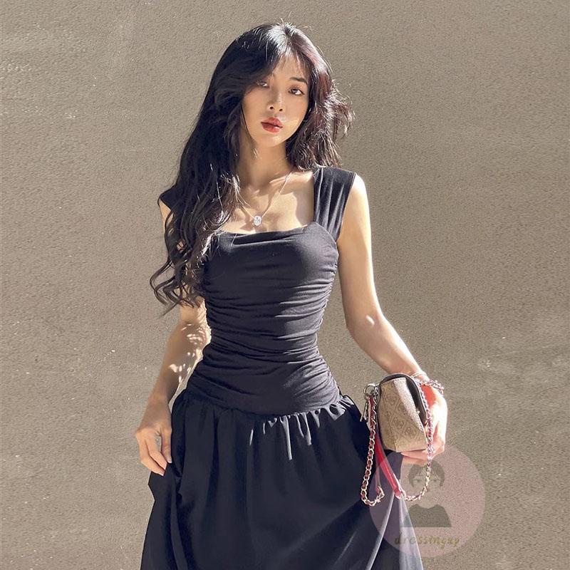 Đầm Dáng Dài Cổ Vuông Màu Đen Phối Lưới Thời Trang Mùa Hè Cho Nữ