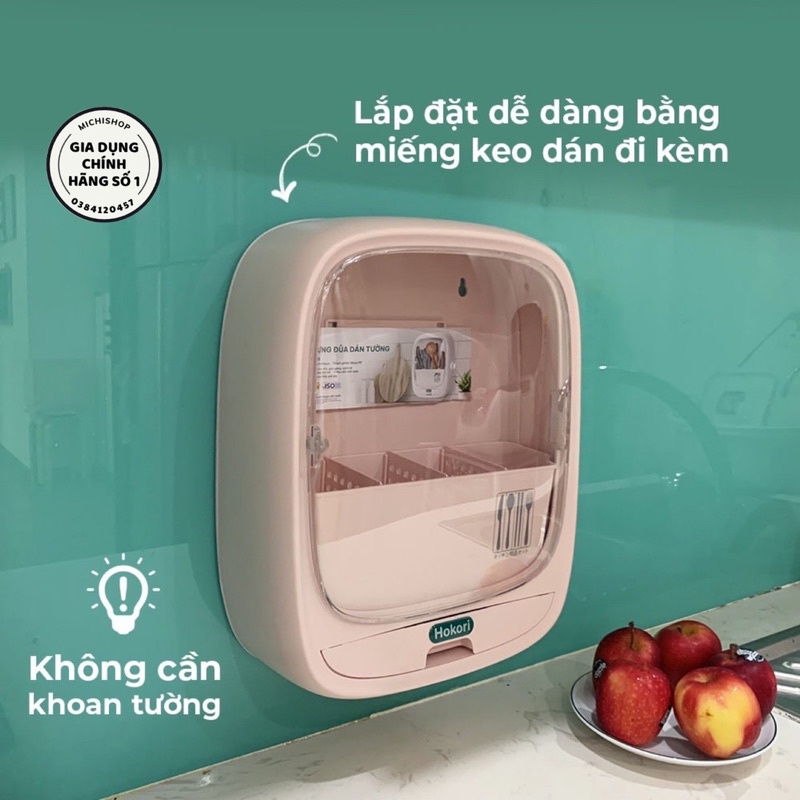 Hộp đựng đũa thìa dán tường 4 ngăn có nắp đậy Hokori, Ống đũa nắp treo tường siêu chắc chắn Buôn rẻ đẹp