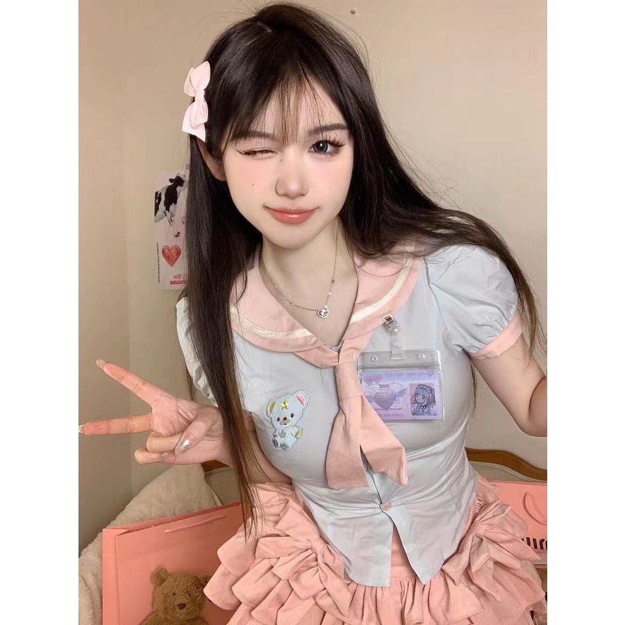 Áo Sơ Mi Ngắn Tay Phồng Cổ Búp Bê Thêu Họa Tiết Gấu Ngọt Ngào Thời Trang Mùa Hè Cho Nữ