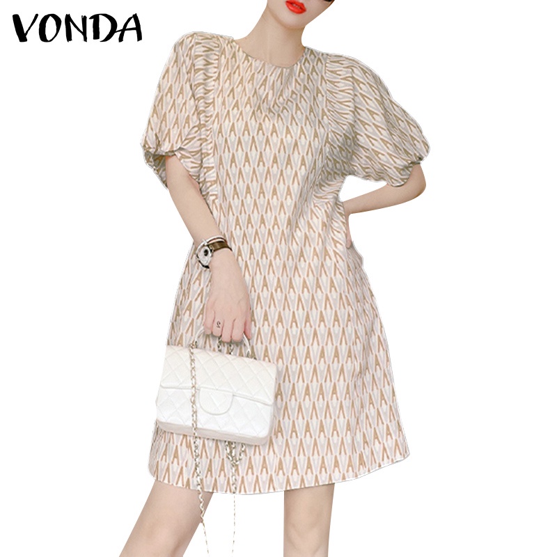 Đầm VONDA tay phồng cổ tròn họa tiết hình học phong cách Hàn Quốc cho nữ