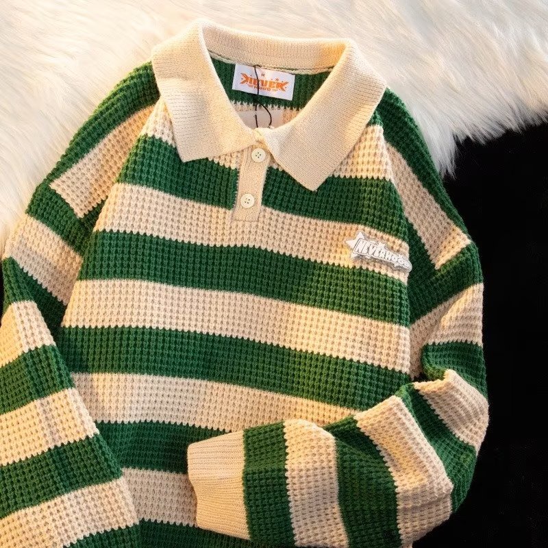 Áo Sweater polo Dáng Rộng Mềm Mại Sọc Xanh Lá Kiểu Nhật Bản Thời Trang Cao Cấp Cho Nam