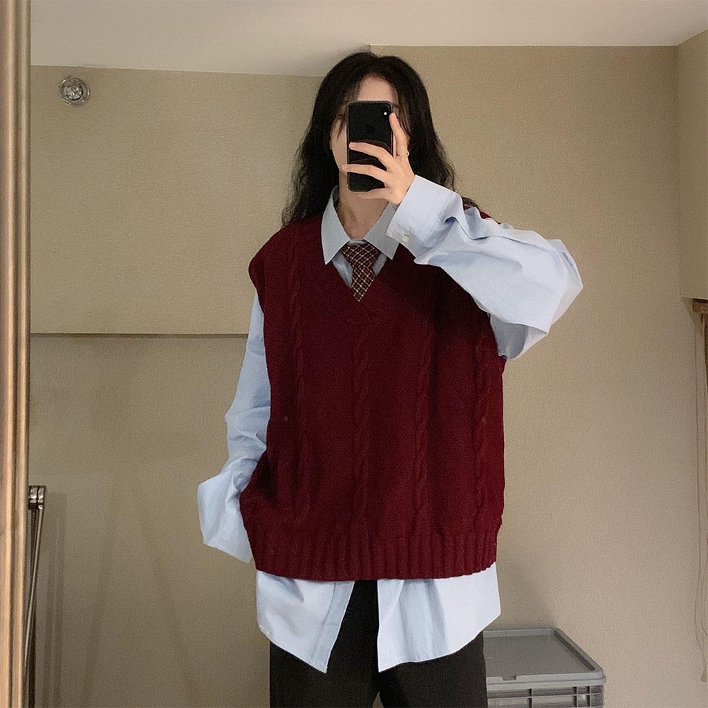 Áo Dệt Kim Sát Nách Dáng Rộng Phong Cách Vintage Hàn Quốc Cho Nữ