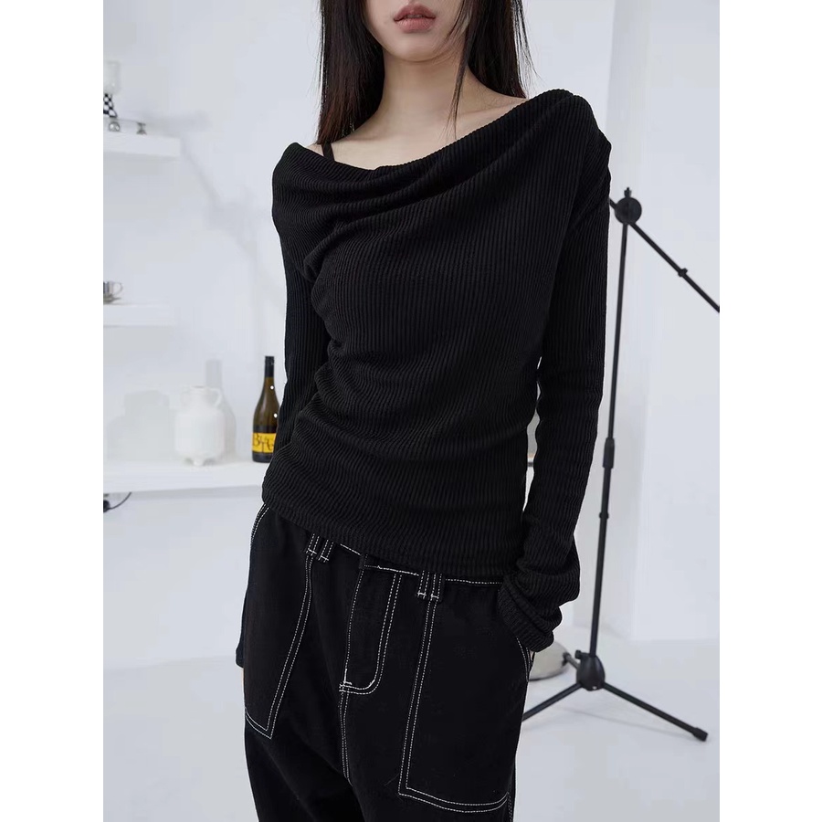 Klalien Áo Thun Tay Dài Hở Vai Màu Sắc Đơn Giản Phong Cách Vintage Dành Cho Nữ