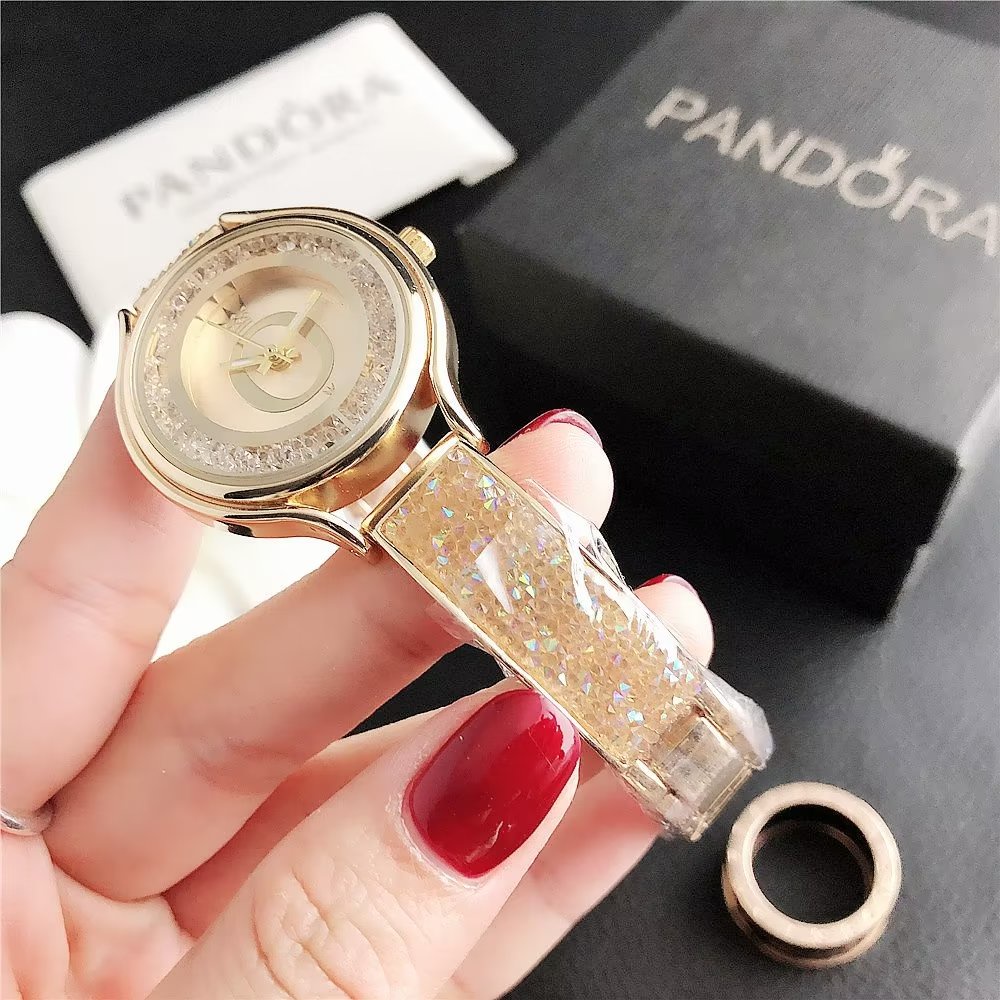 Đồng Hồ Pandora Mặt Tròn Đính Đá Thời Trang Cho Cặp Đôi