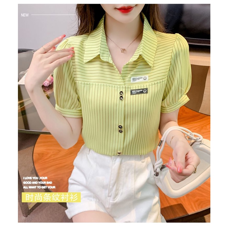 Áo sơ mi nữ polo cổ sọc voan ghi nhãn áo sơ mi