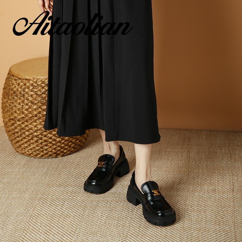 Giày Lười Da Bóng Đế Bằng 6cm Mũi Tròn Thời Trang Retro Anh Quốc Cho Nữ