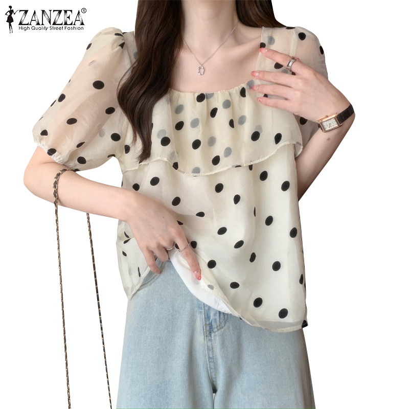 ZANZEA Áo Kiểu Tay Ngắn Phồng Cổ Vuông Họa Tiết Chấm Bi Phong Cách Hàn Quốc Cho Nữ