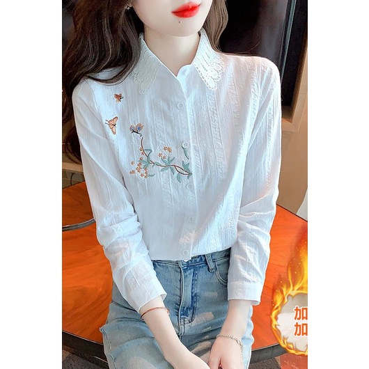 Áo Sơ Mi Trắng Tay Dài Lót Lông Cừu Dày Dặn Thời Trang Xuân Thu Cho Nữ FN78