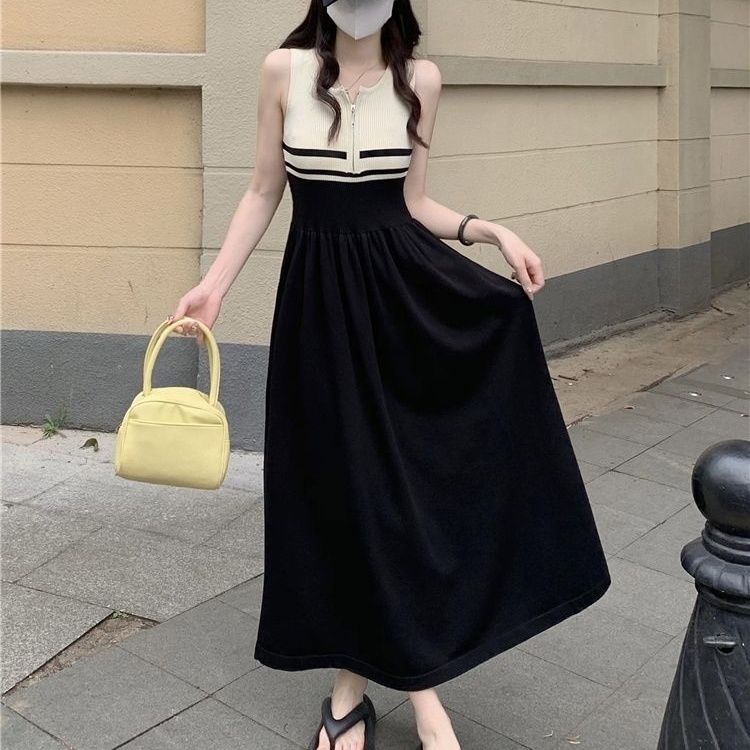 Đầm Midi Không Tay Màu Sắc Tương Phản Phong Cách Pháp Cổ Điển Thời Trang Mùa Hè Cho Nữ