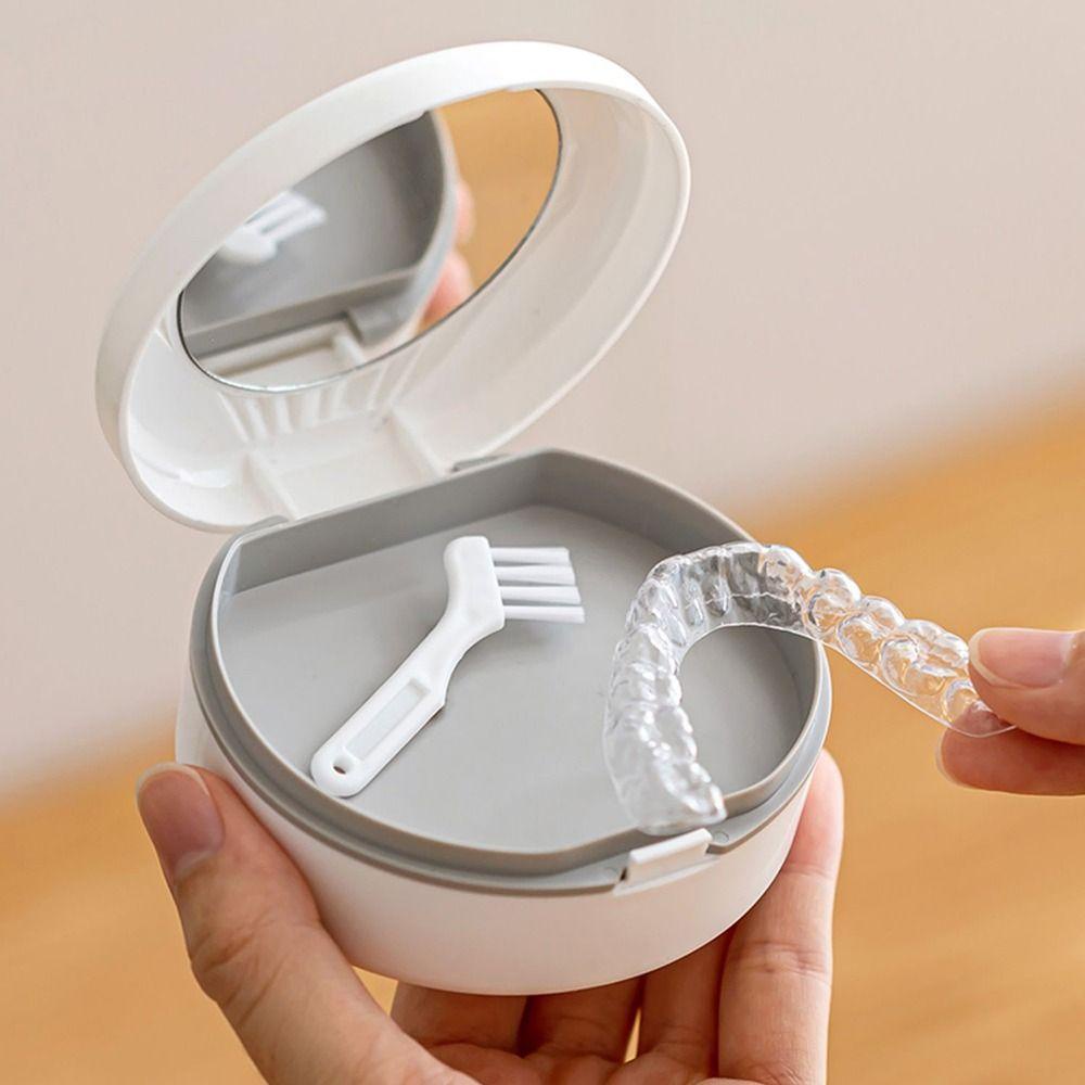 Hộp Giữ Răng Giả Hai Lớp Hình Vỏ Sò Có Gương Đơn Giản Cho Nam Nữ
