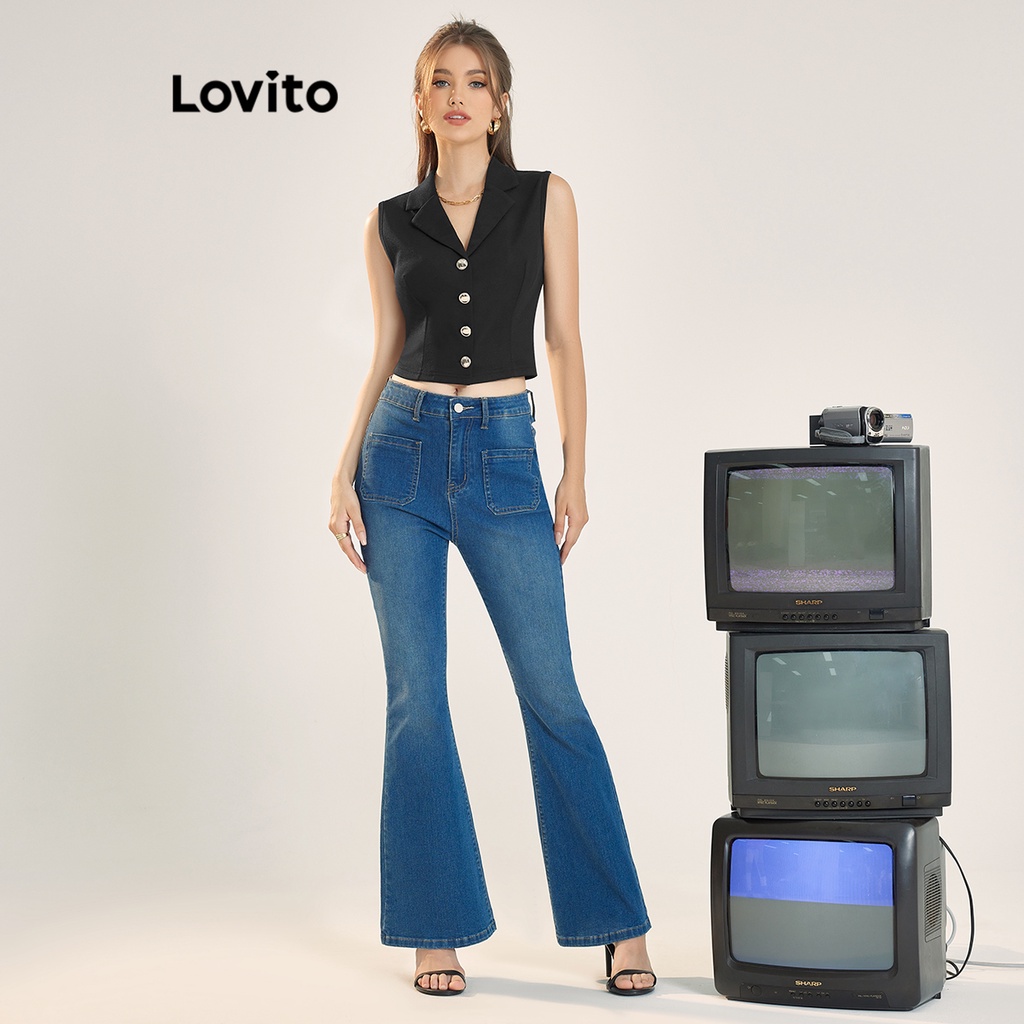 Lovito Áo sơ mi cổ trụ có nút trơn thanh lịch dành cho nữ L56ED030