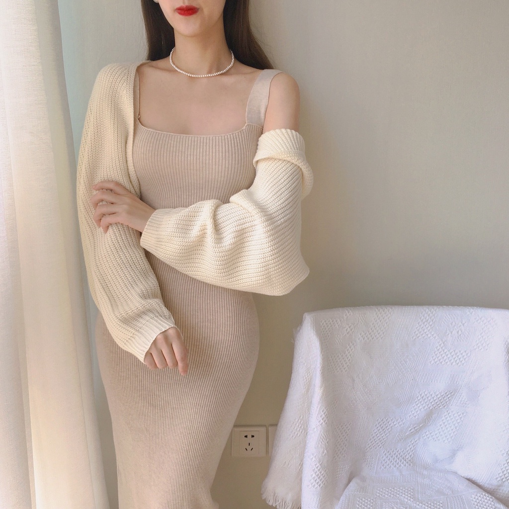 Retro gentle evening wind Morandi color slim-fit hip-wrapped knitted sling dress MC dress QNAO