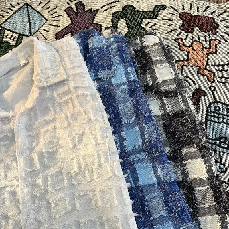 Áo Sơ Mi Ngắn Tay Dáng Rộng Hoa Văn Kẻ Ô Phối Tua Rua Giản Dị Dành Cho Nam