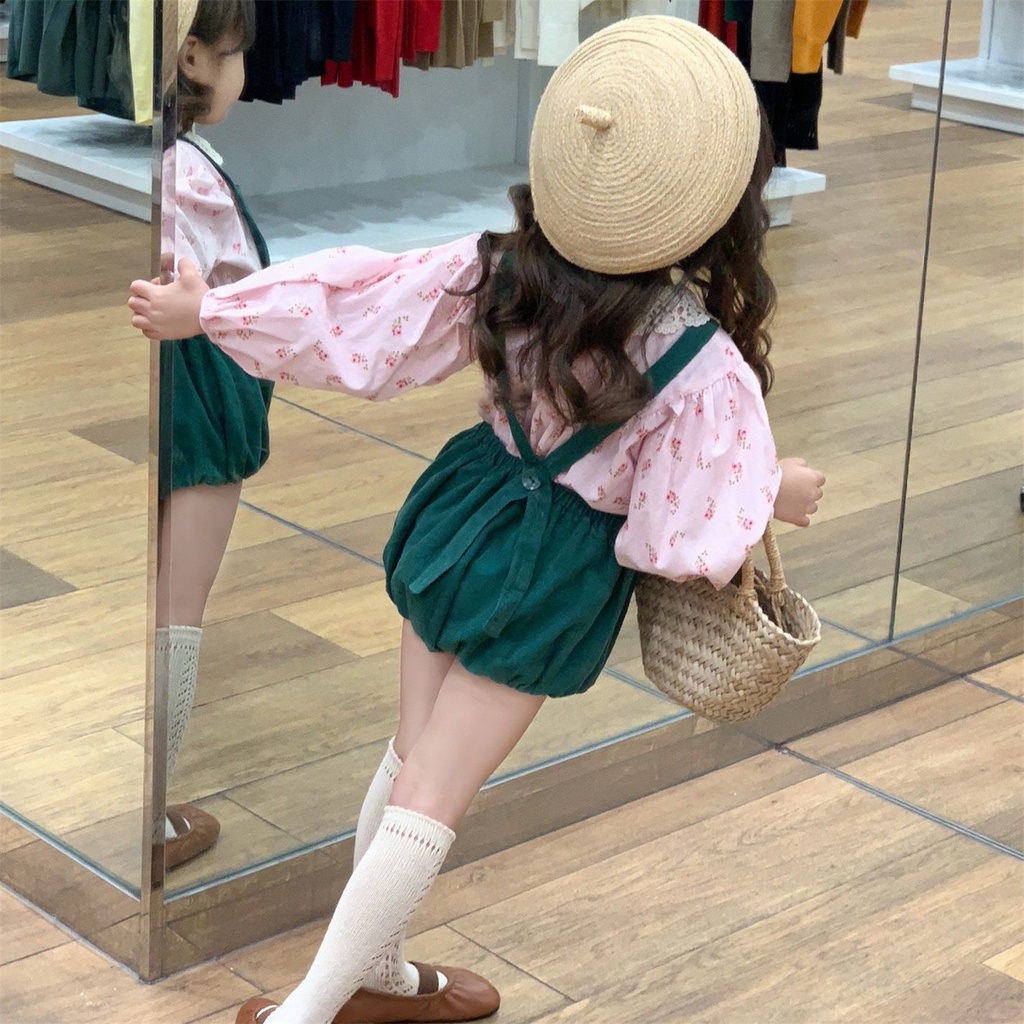 Girls' floral shirt cute bud-shaped pants spring / summer suspender shorts two-piece set
