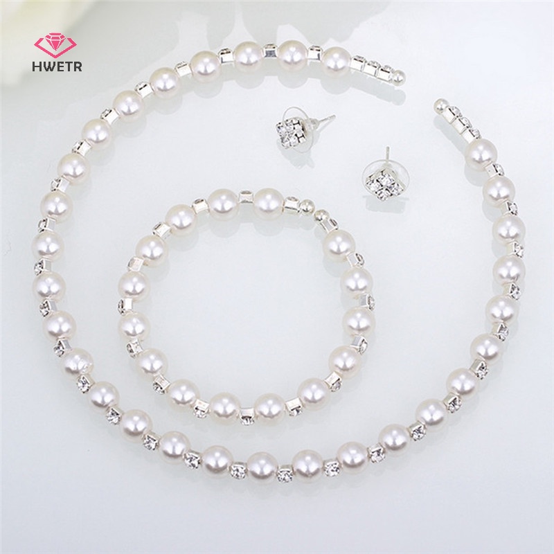 Hwetr 1 bộ ngọc trai pha lê phù dâu bộ trang sức cưới vòng cổ vòng tay hoa tai mới
