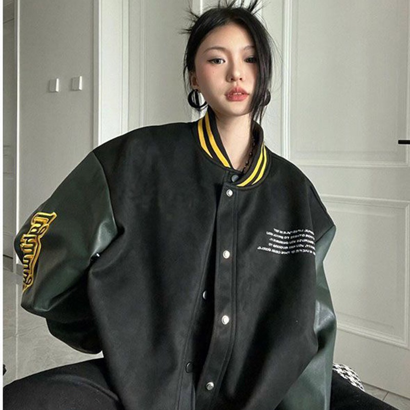 Infinite đồng phục bóng chày mỹ áo khoác da lộn có cổ với tay áo bằng da hiphop monogram thêu áo khoác nam và nữ